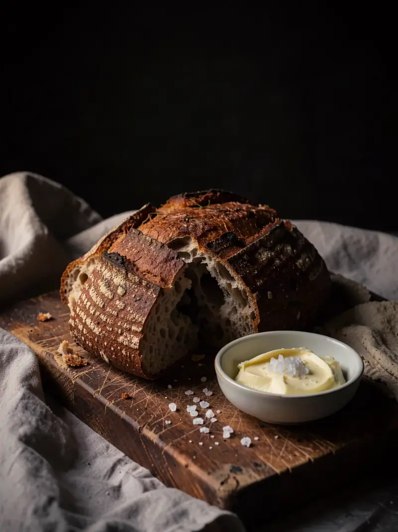A torn sourdough loaf with cultured butter and salt