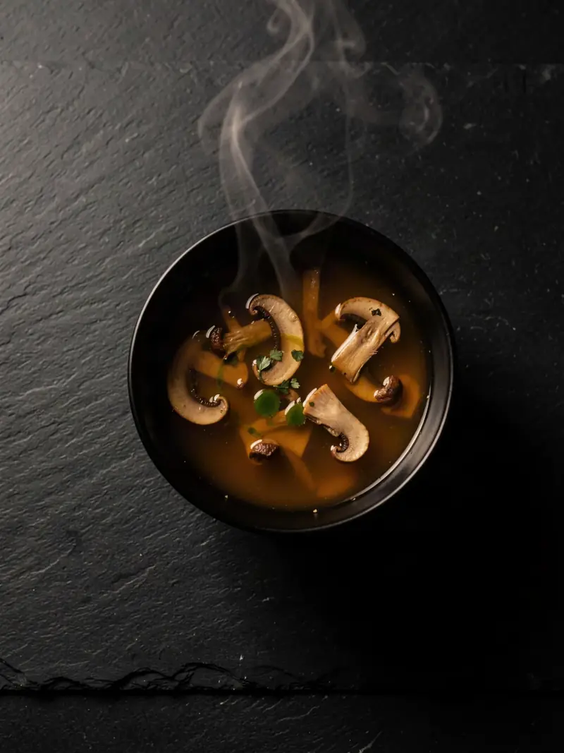 Mushroom broth in a black bowl, still steaming