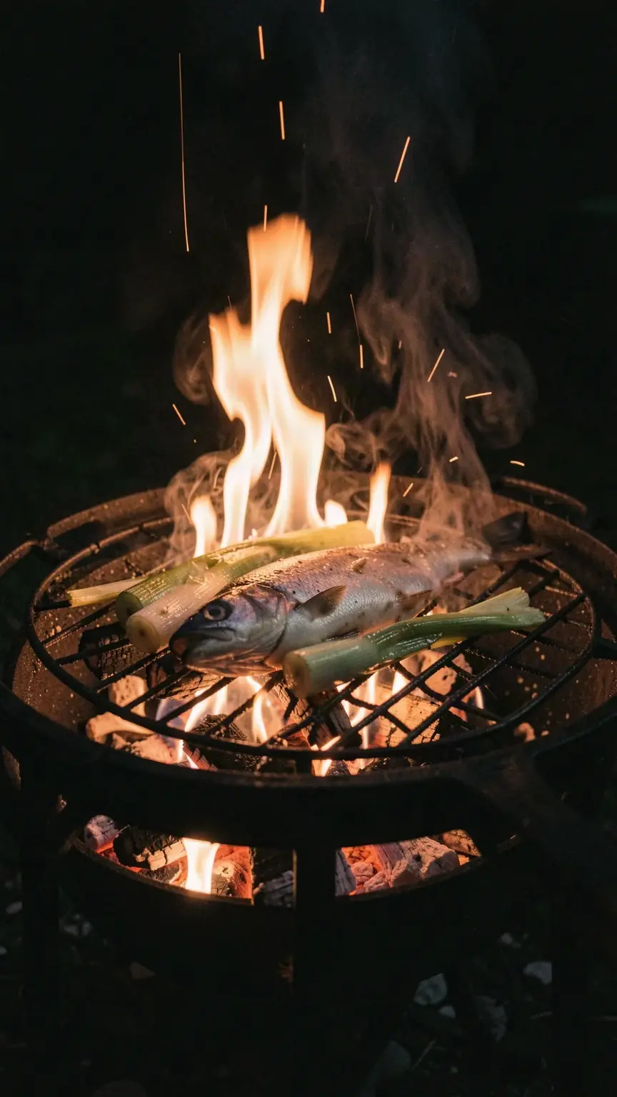 Fish and leeks on the grill over embers