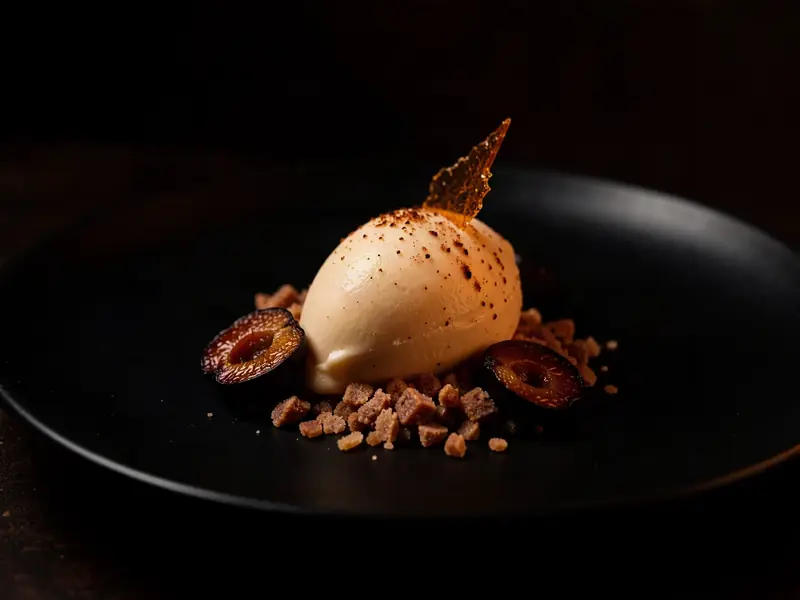 A scoop of pale ice cream on rye crumbs with roasted plum and a sugar shard
