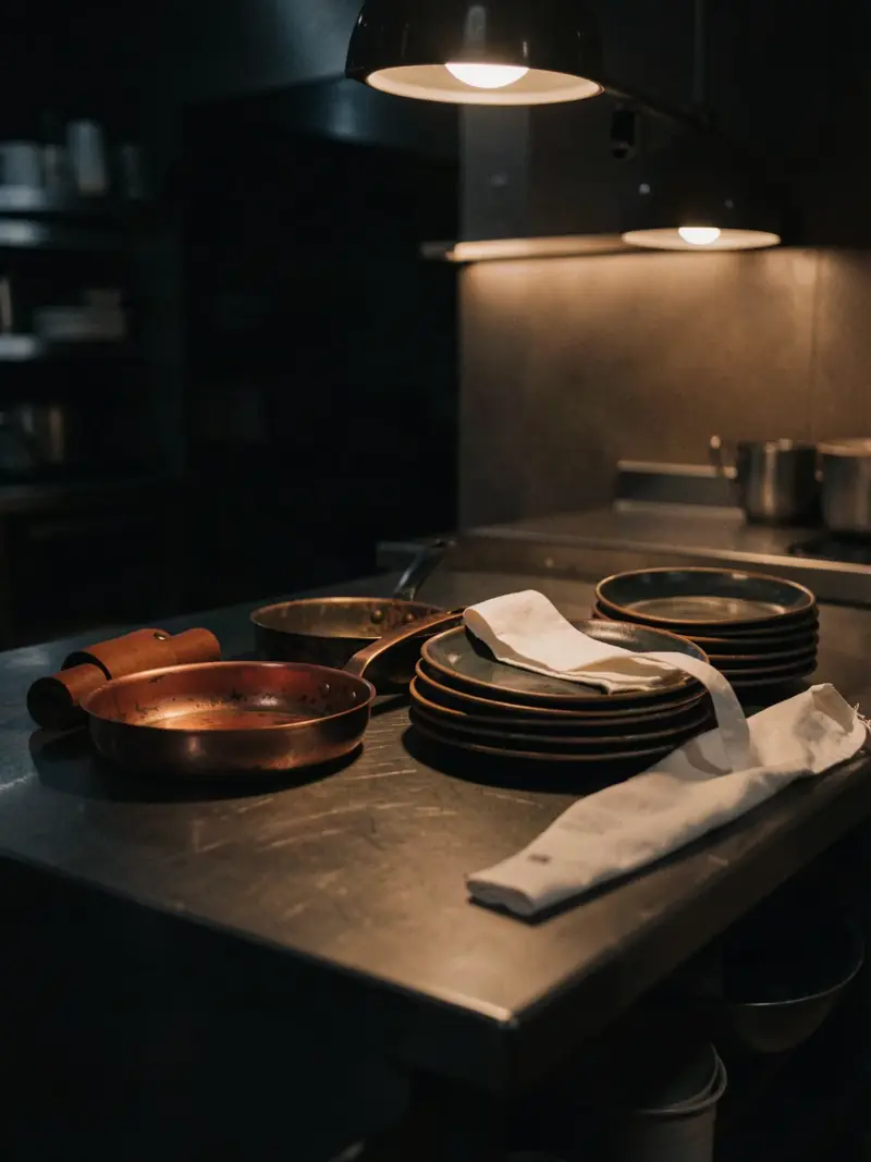 A knife roll, copper pans and stacked plates on a steel kitchen counter